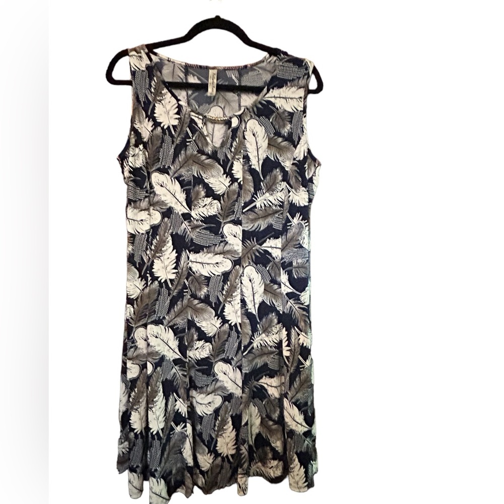 Perception Size Petite XL Sleeveless Feather Print Fit and Flare Dress, blue,
